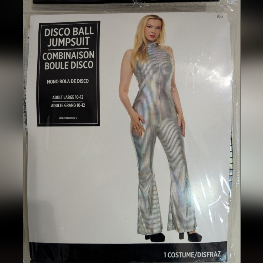 Disco Ball Jumpsuit Adult Large 10-12 Silver Halloween Costume Cosplay